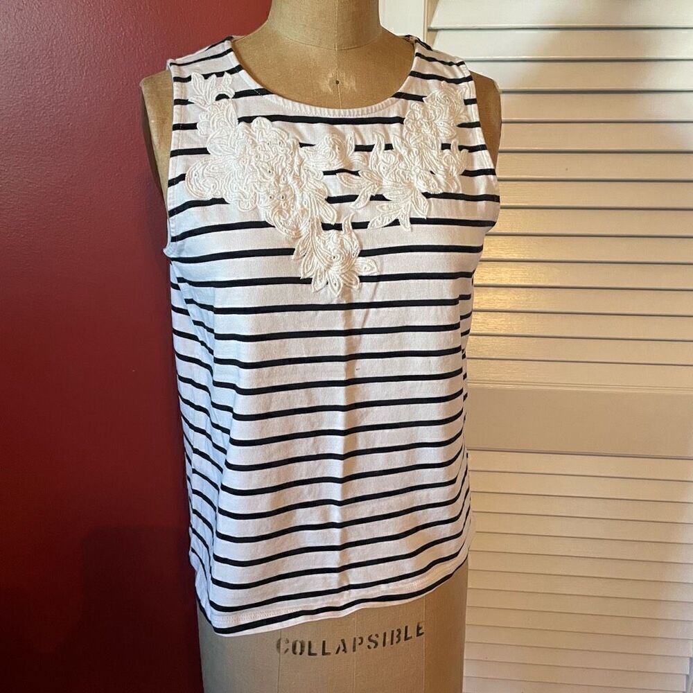 J CREW | black & white stripe sleeveless blouse with embroidery S